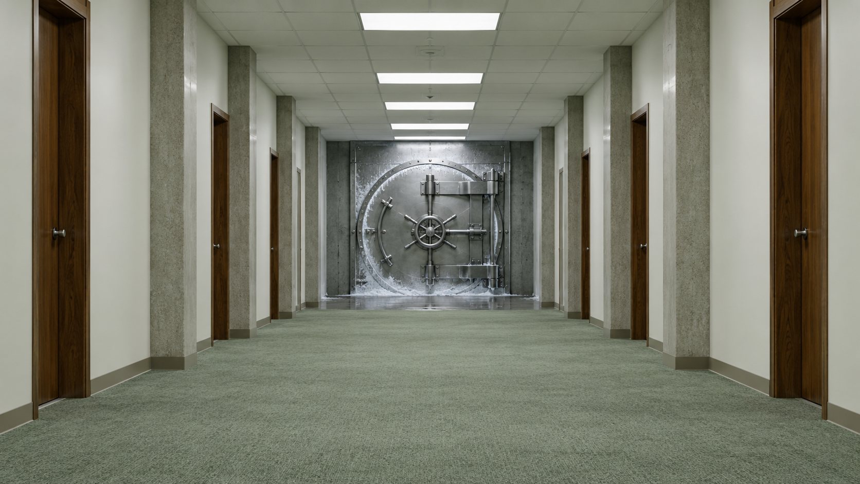 A long quiet corridor ending at a frosted vault door