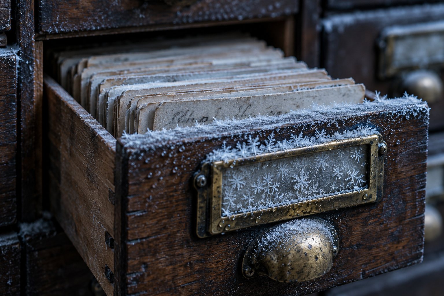 A frosted catalogue drawer with a brass label holder