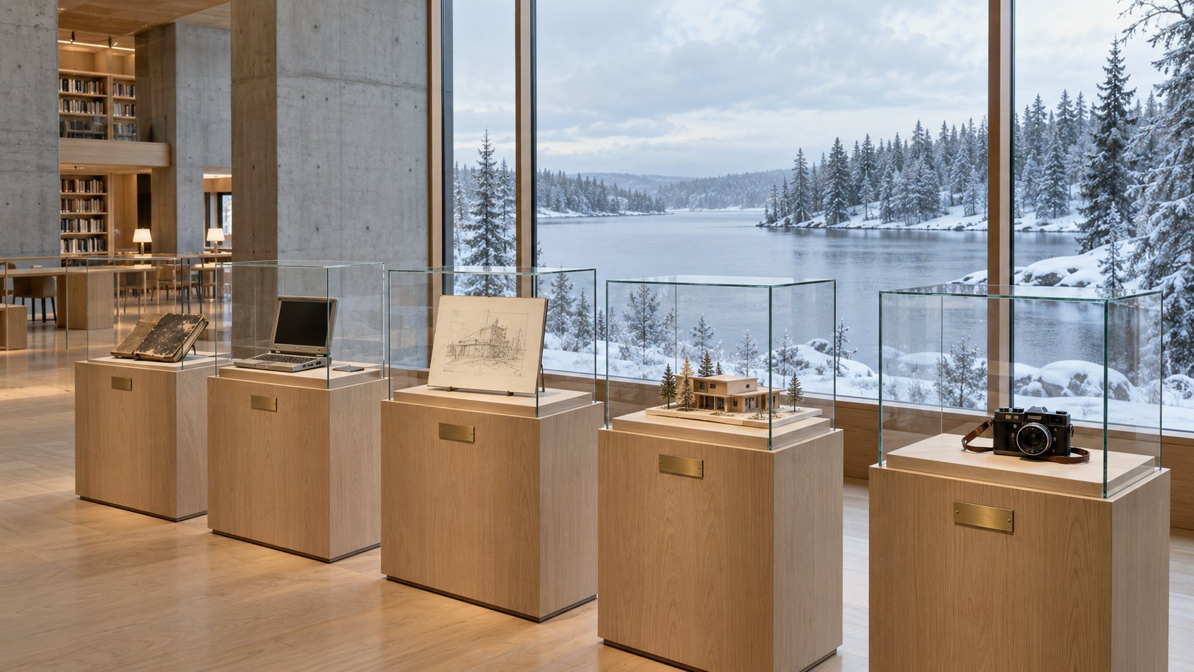 Display plinths and vitrines in a quiet exhibition wing by a window onto a snowy lake