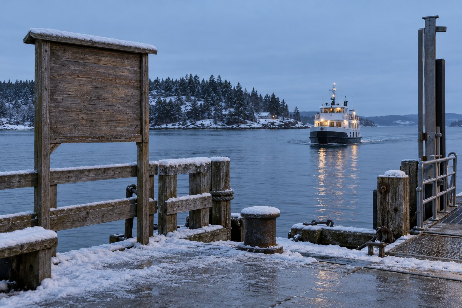 A snowy wooden pier at dusk, a small lit ferry coming in across the water from a wooded island