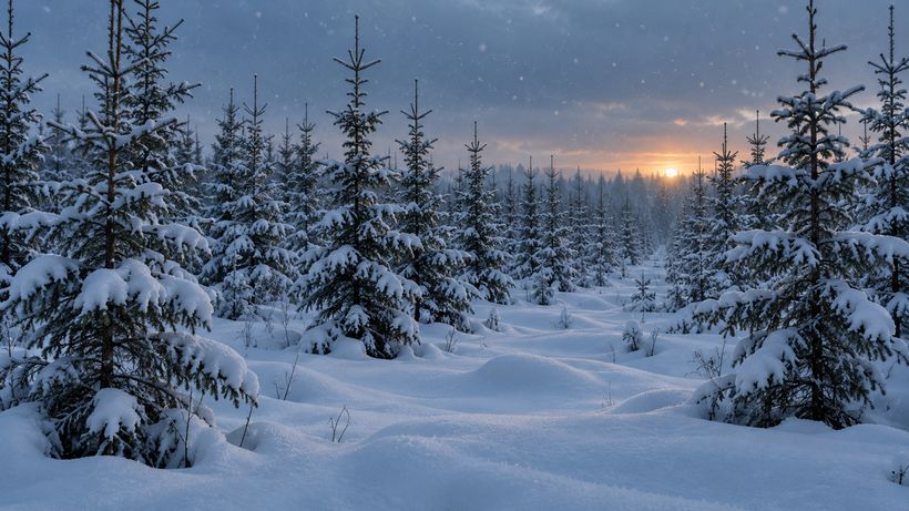 Young spruce trees in rows under deep snow