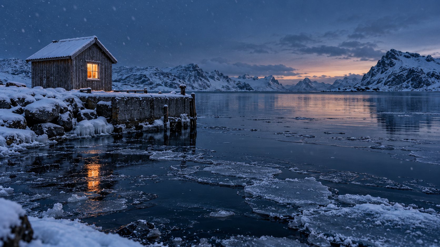 A small wooden shelter with one lit window on a frozen harbour at blue hour