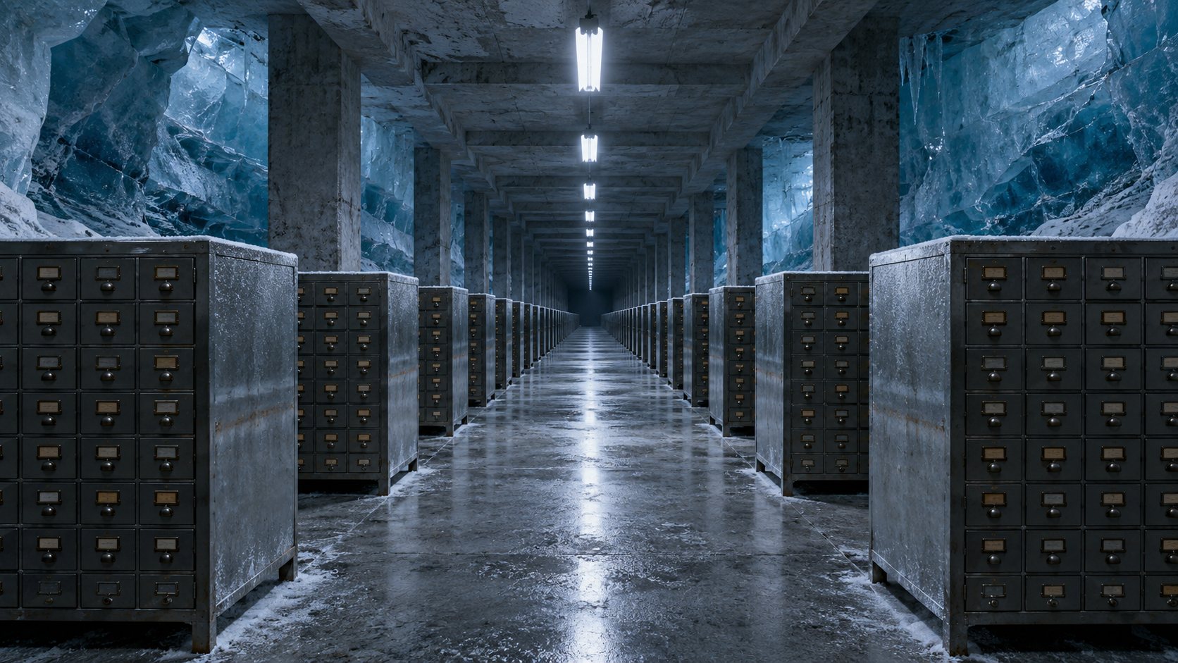 Rows of card-catalogue cabinets in a cold archive