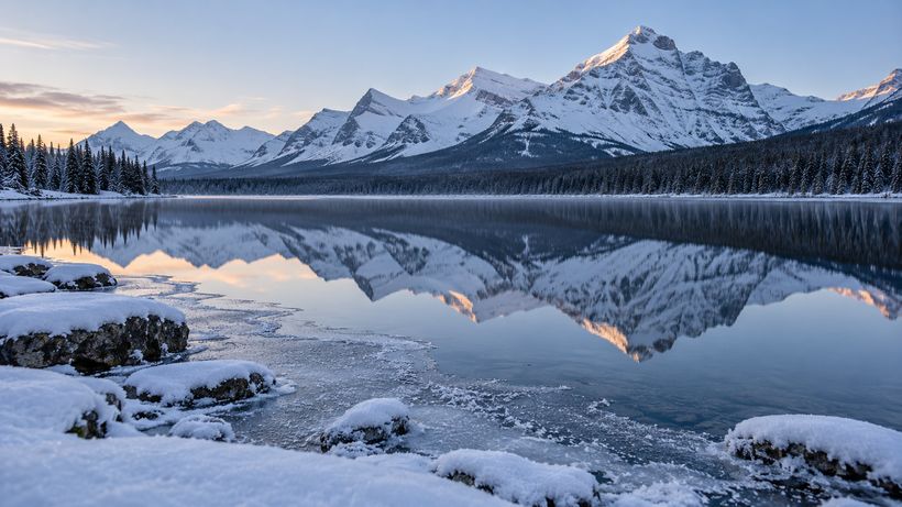 A still lake reflecting snow mountains at dawn