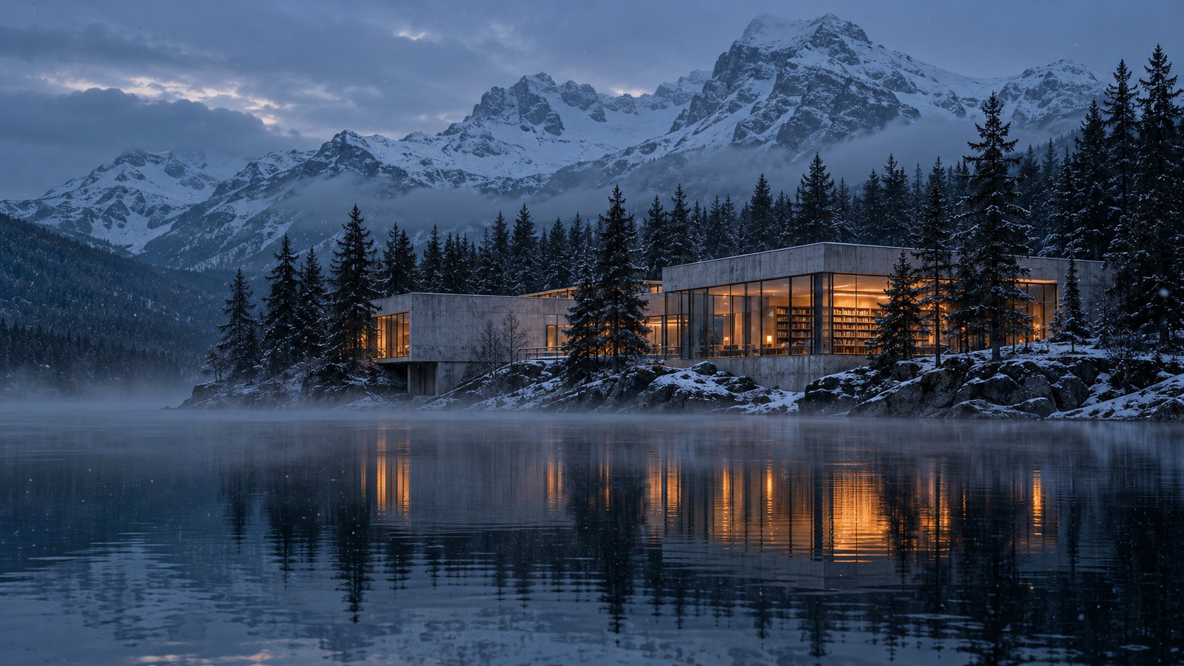 A concrete and glass library on the shore of a frozen lake, snow mountains and a spruce forest behind it, a few windows lit