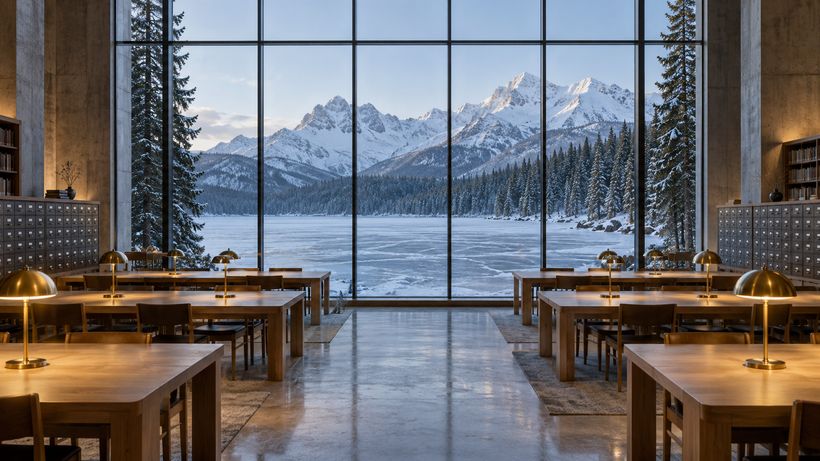 A reading hall with brass lamps and a window wall onto a frozen lake