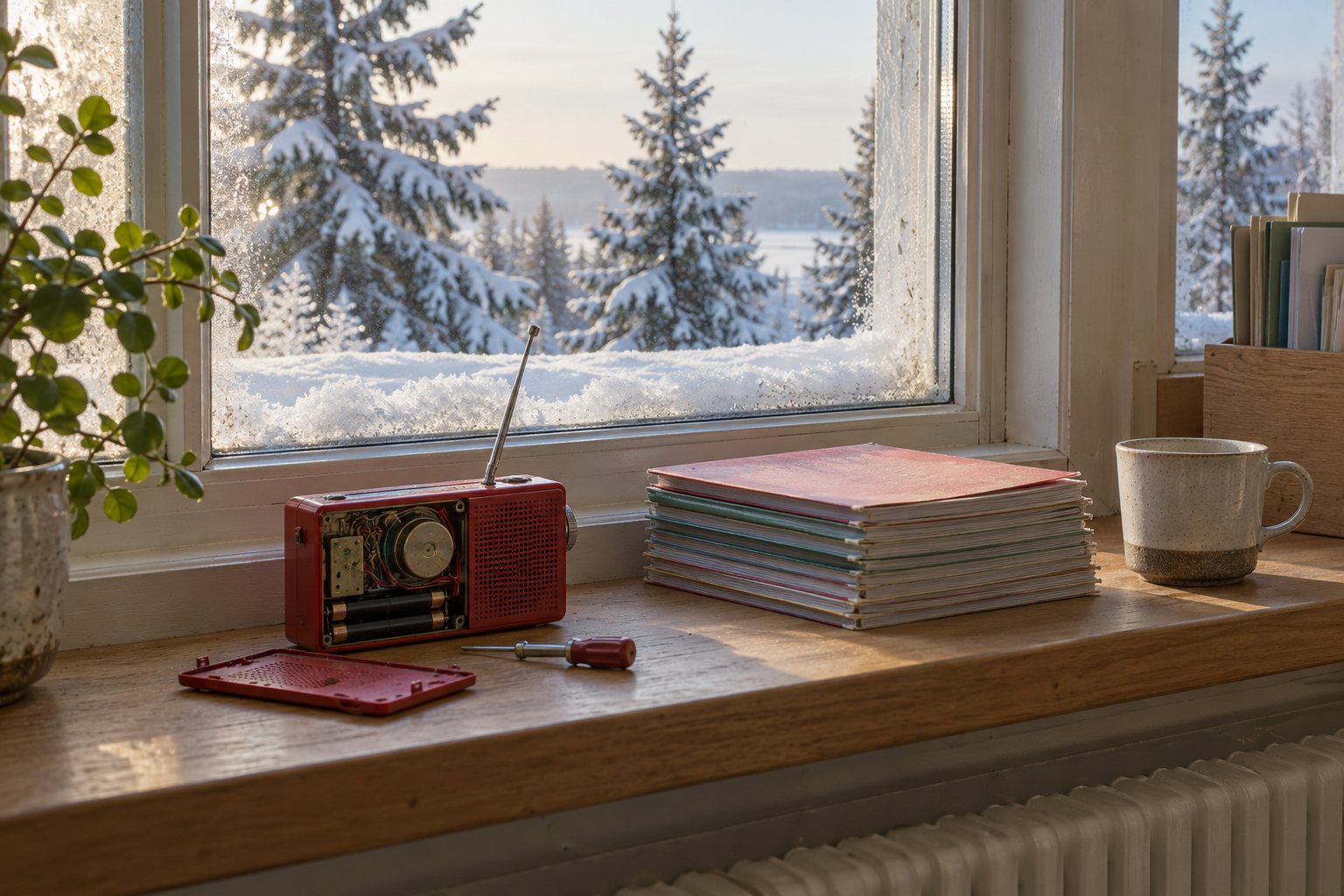 A small red radio opened up on a wooden windowsill, a screwdriver beside it, a stack of exercise books and a mug, snowy spruces outside