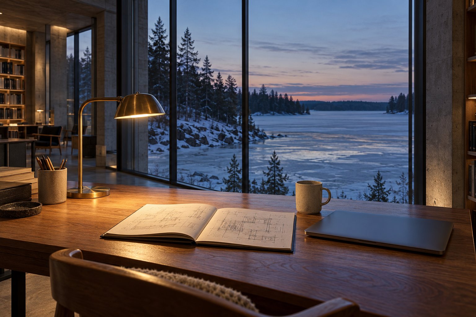 A wooden desk with a brass lamp, an open notebook of drawings, a mug and a closed laptop, before a window wall onto a frozen lake at dusk