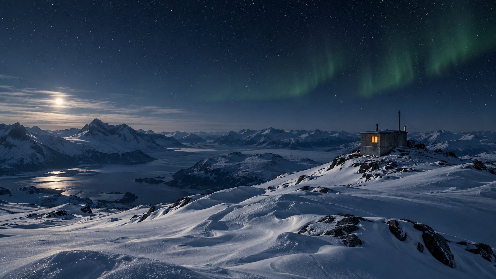 A small station with one lit window on a snowy ridge under the aurora