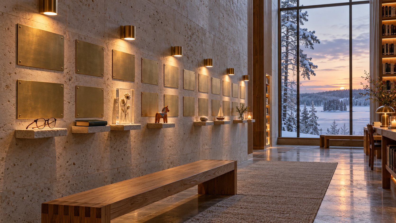 A pale stone wall with small brass plaques and warm lamps, snow falling outside a tall window