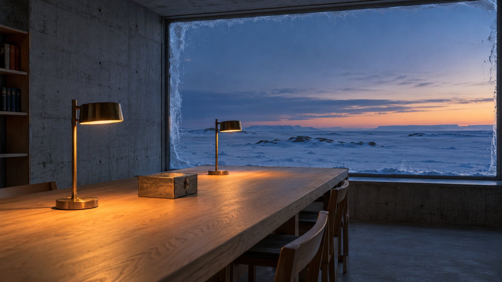 A long table with two brass lamps and a window onto a snowy plain at dusk
