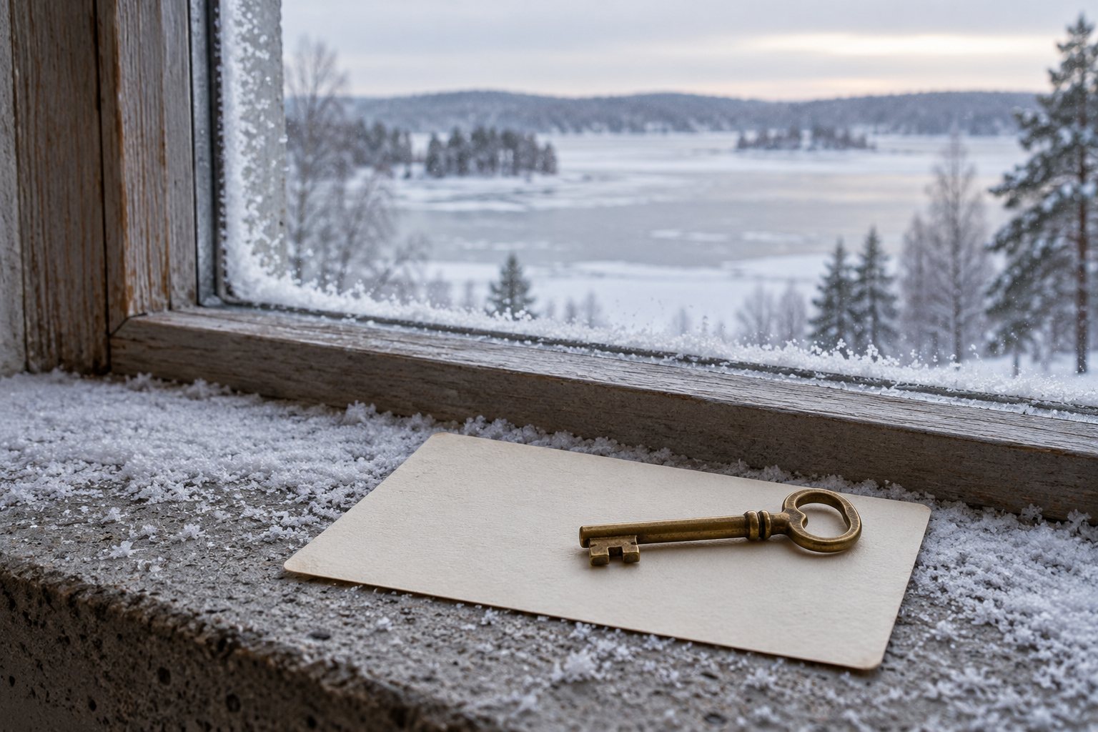 A brass key on a blank card on a frosted windowsill, a frozen lake beyond