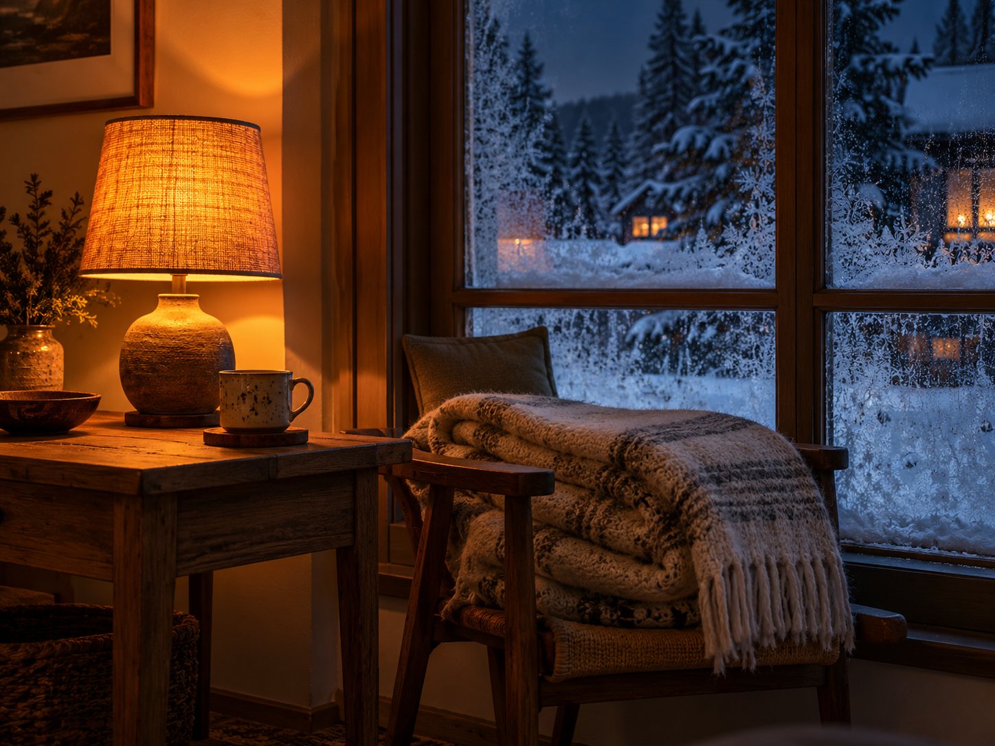 A small room with an orange lamp and a wool blanket