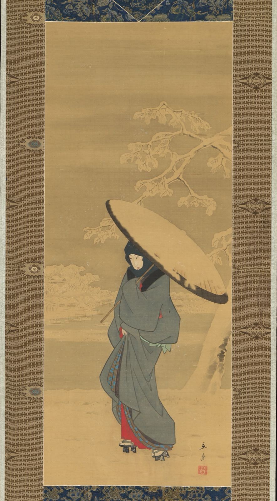 一幅装裱在织锦中的立轴。一位穿灰色和服、戴黑头巾的女子独自在雪中行走，撑着一把大油纸伞挡风；右上方伸进一枝压着雪的松枝。