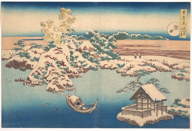 雪覆盖了江户隅田川的河岸和小洲。一只篷船在中间的蓝色水面上撑过，右边立着一座白顶的亭子，浅色的天空在上方渐渐转为深蓝。