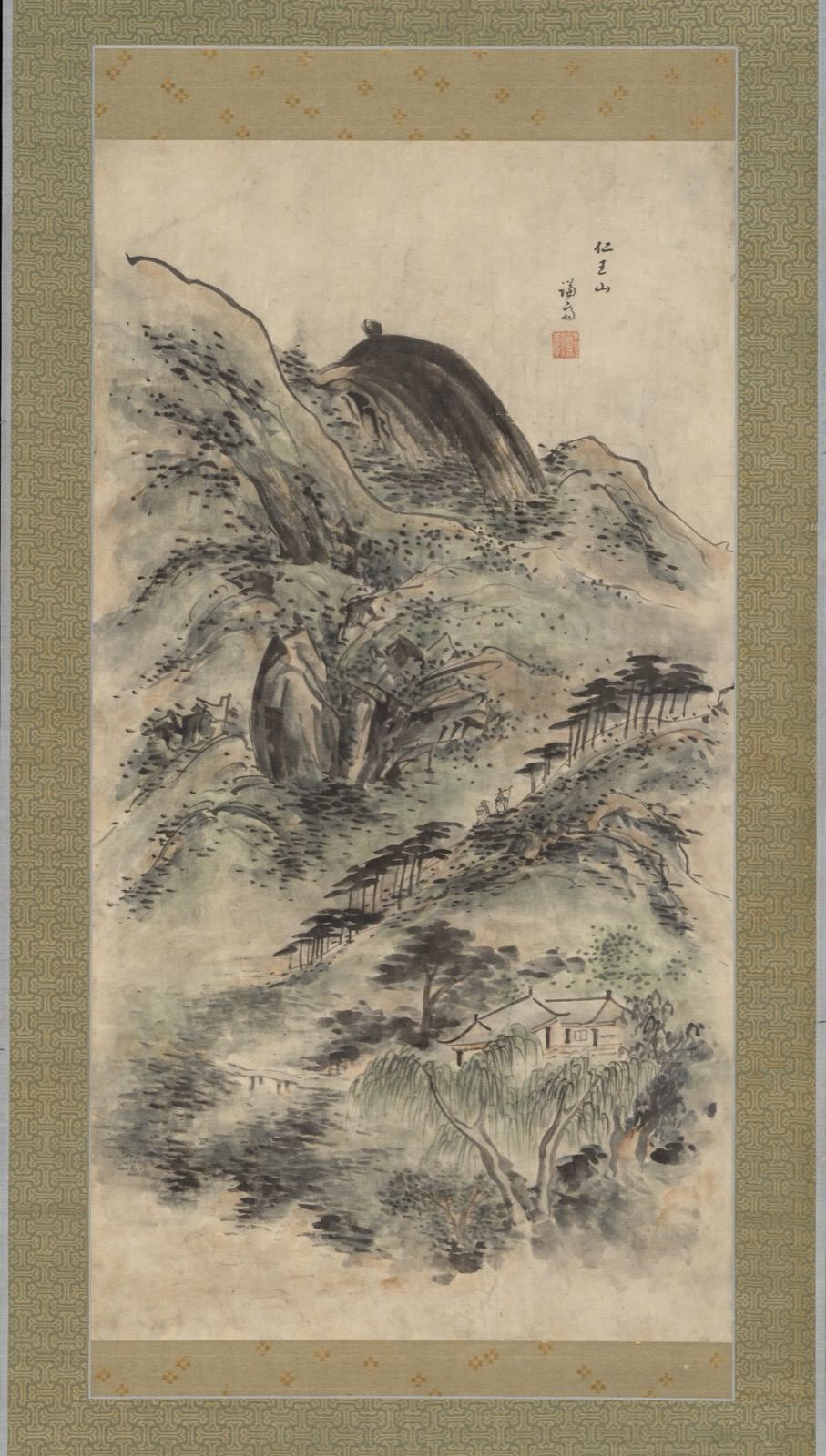 一幅描绘陡峭石山的立轴:顶上是一座巨大、深色的圆峰,山坡上密布着用迅疾的深色点子画成的松树,近底部的树丛中有一座瓦顶房屋。右上方写着“仁王山”和画家的号“谦斋”,下钤一方朱印。